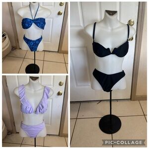 Lot of 3 Large Shein black, light purple/lavender, navy/light blue Bikinis EUC